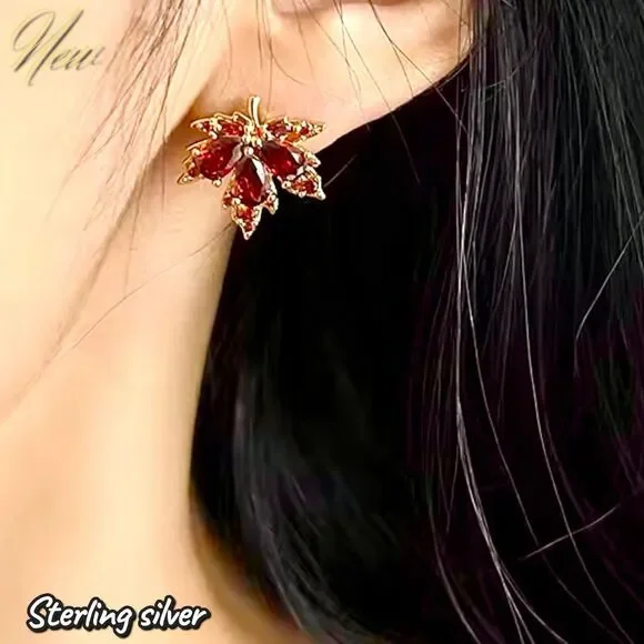 NEW Exclusively Fancy – 925 Sterling Silver Red Maple Leaf Stud Earrings - Picture 2 of 3
